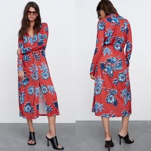 Zara Floral Print Button Front Long Sleeve Collared Midi Shirt Dress Red Small S